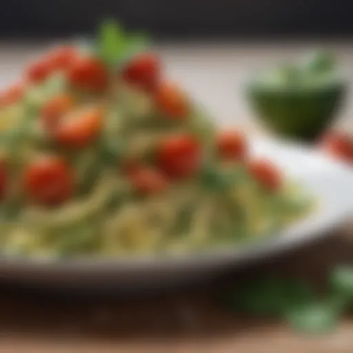 A vibrant plate of zucchini noodles topped with fresh basil and cherry tomatoes