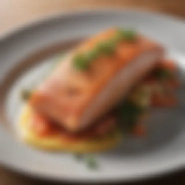 Close-up of a plated salmon dish with garnish