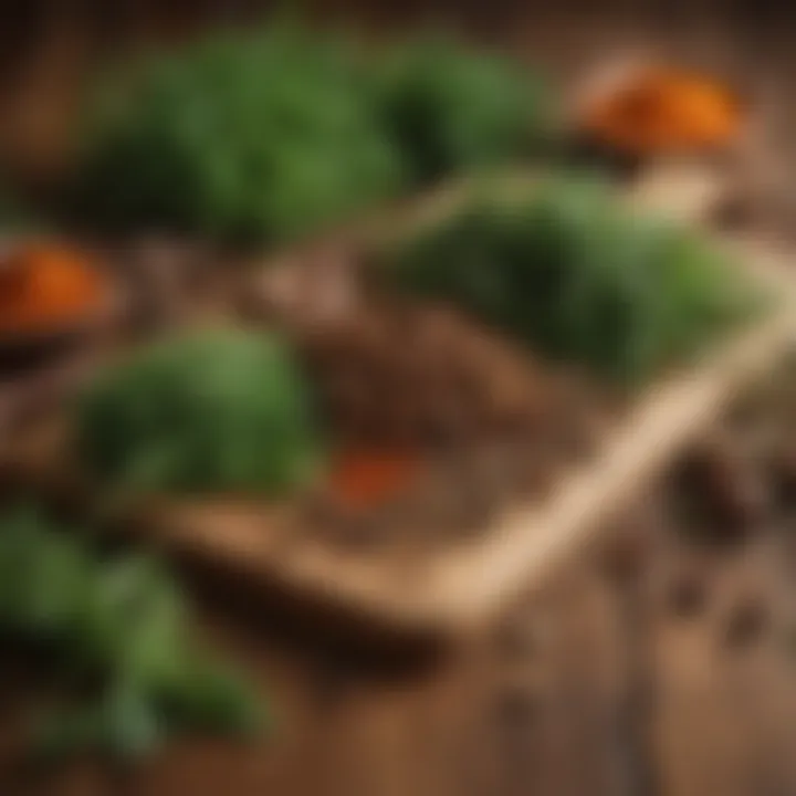 A vibrant array of fresh herbs and spices arranged artfully on a wooden table