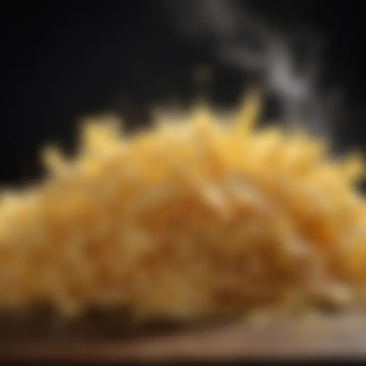 An illustration depicting signs of spoilage in shredded cheese, including discoloration and moisture.