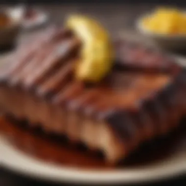 Close-up of a perfectly glazed barbecue rib with garnishes.