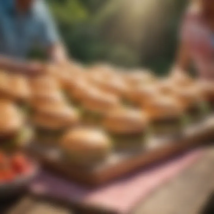 A vibrant gathering with delicious giant hamburgers and buns on a picnic table