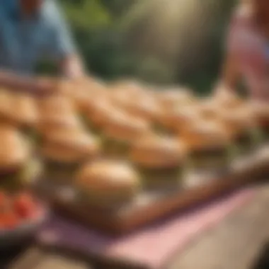 Delightful Gathering Featuring Giant Hamburgers A vibrant gathering with delicious giant hamburgers and buns on a picnic table