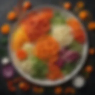 Artistic Presentation of Spiralized Vegetables A vibrant array of spiralized vegetables artistically arranged on a plate.