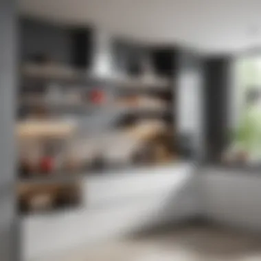 Stylish stand-up shelves in a modern kitchen displaying various kitchenware