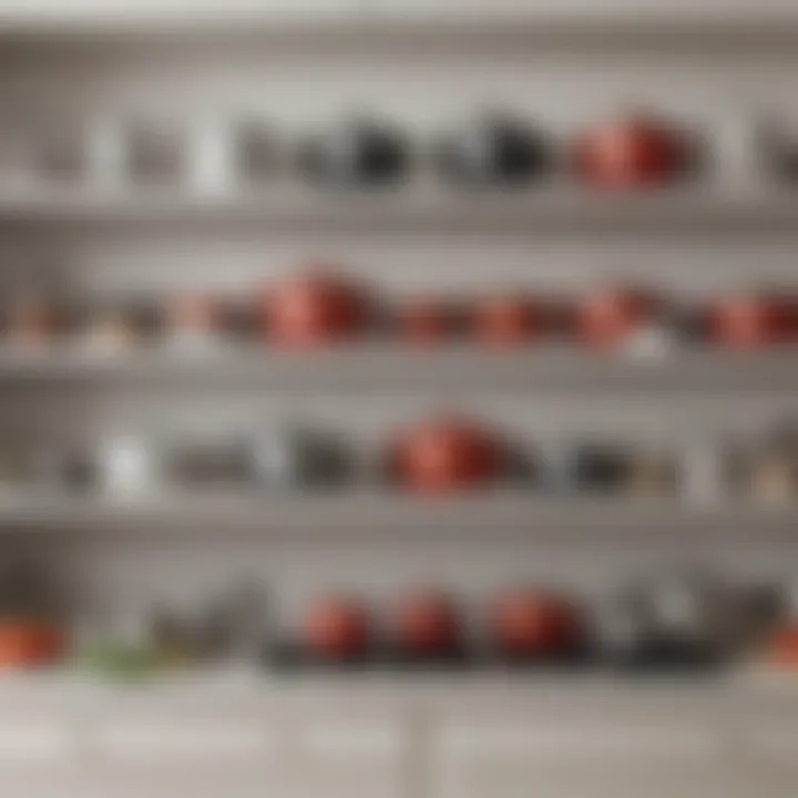 A well-arranged cupboard displaying pots, pans, and kitchen tools.