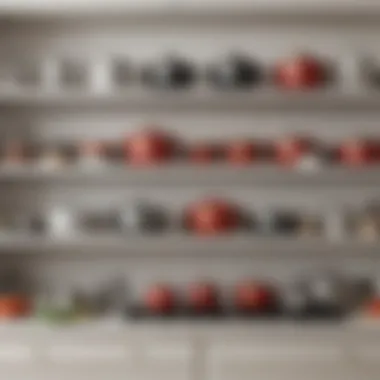 Pots and Pans Arrangement A well-arranged cupboard displaying pots, pans, and kitchen tools.