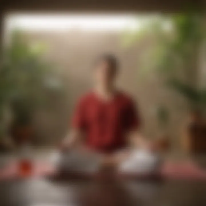 A person meditating in a calm environment to represent stress management.