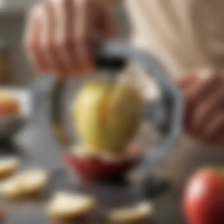 Close-up of Sur La Table apple corer in action with a fresh apple