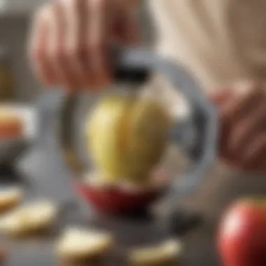 Sur La Table Apple Corer in Action Close-up of Sur La Table apple corer in action with a fresh apple