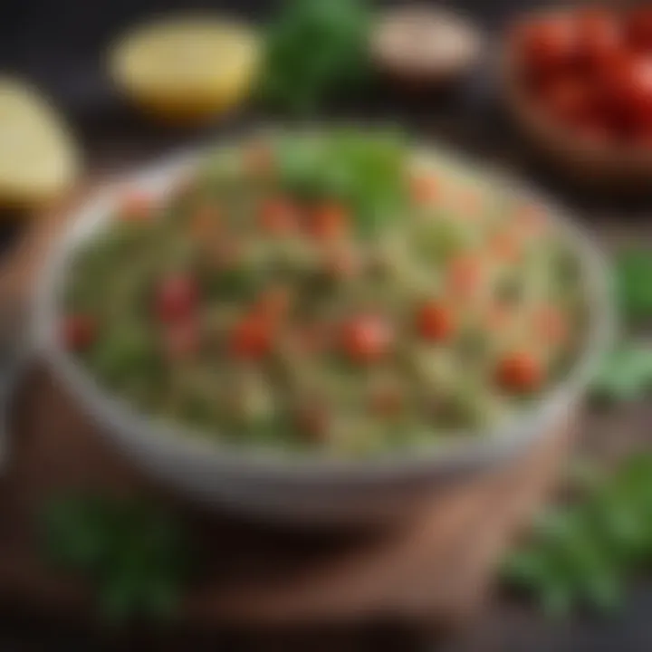 Close-up of a bowl filled with tabbouleh, highlighting its fresh herbs and grains.