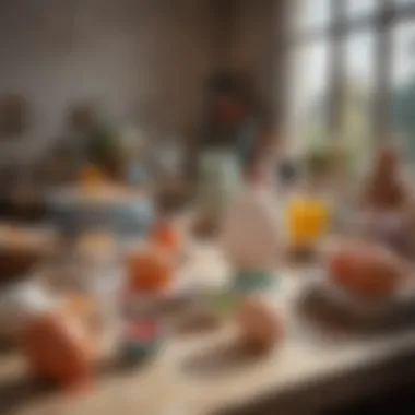 A creative workspace set up for egg coloring with necessary materials