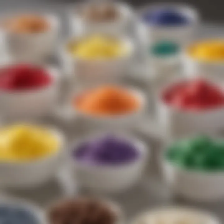 A variety of food colorings displayed in individual containers