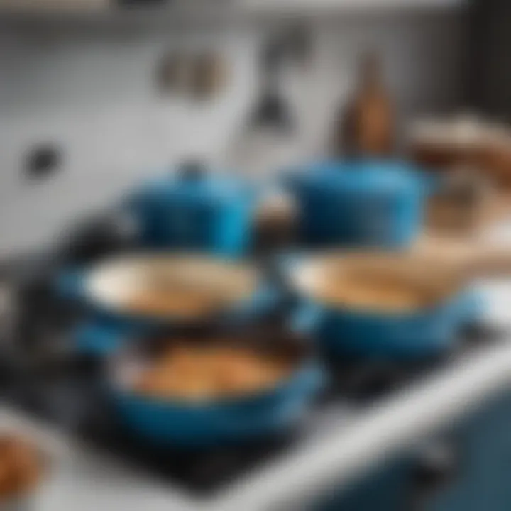 Le Creuset Ocean Blue cookware integrated in a modern kitchen setting