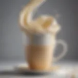 A close-up of a coffee cup with swirling French vanilla creamer