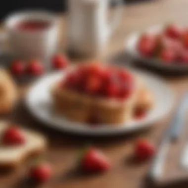 A beautifully arranged breakfast table featuring toast topped with strawberry jam, complemented by fruits.