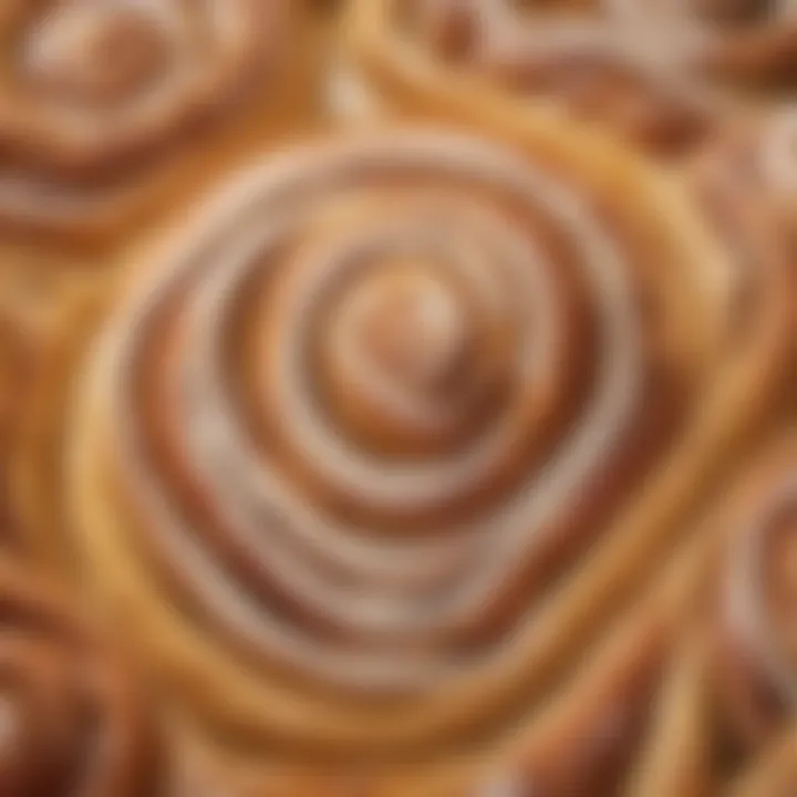 Close-up of the intricate swirls in a freshly baked cinnamon roll