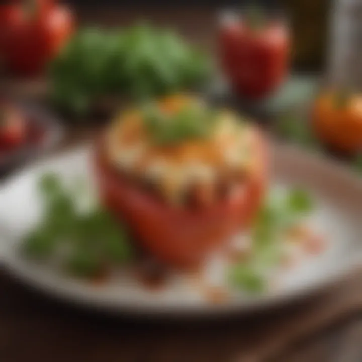 A beautifully plated stuffed pepper garnished with fresh herbs