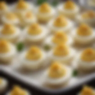 Close-up of creamy filling and garnishes for deviled eggs