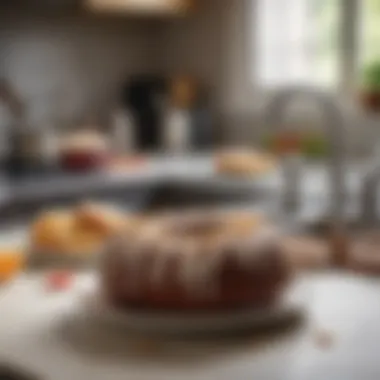 A cozy kitchen scene featuring the mini bundt cake maker in action with ingredients around.