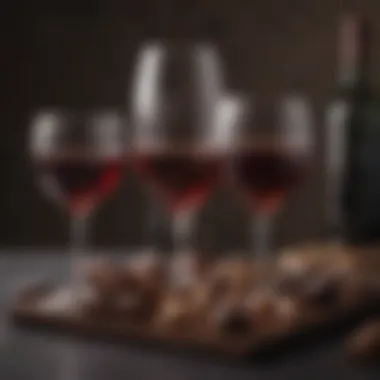Elegant Chocolate and Wine Display An elegant display of assorted chocolates and wine glasses showcasing their pairing.