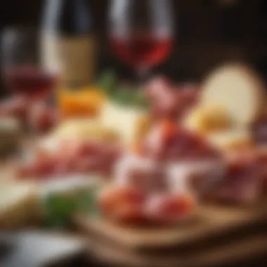 Pairing Prosciutto with Cheeses and Wines An array of regional cheeses and wines paired with prosciutto.