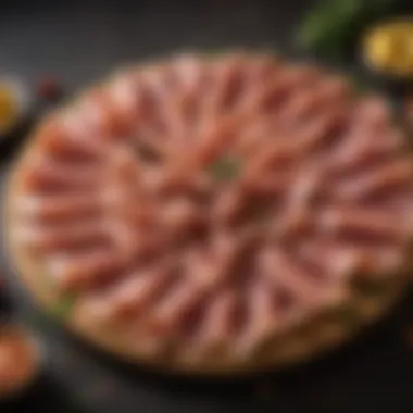 A beautiful platter showcasing various types of prosciutto with garnishes.