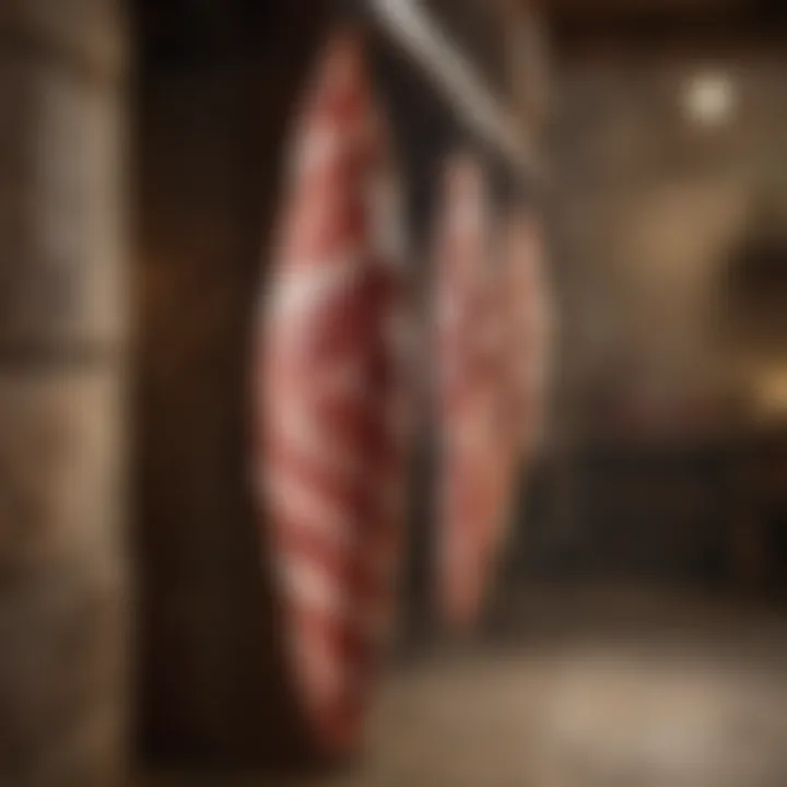A traditional prosciutto leg hanging in an Italian cellar.