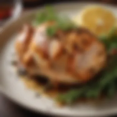 Exquisite Plated Chicken A beautifully plated chicken breast garnished with fresh herbs and spices