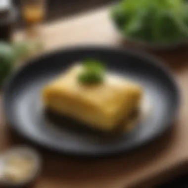 An elegant presentation of a perfectly cooked tamagoyaki omelette.