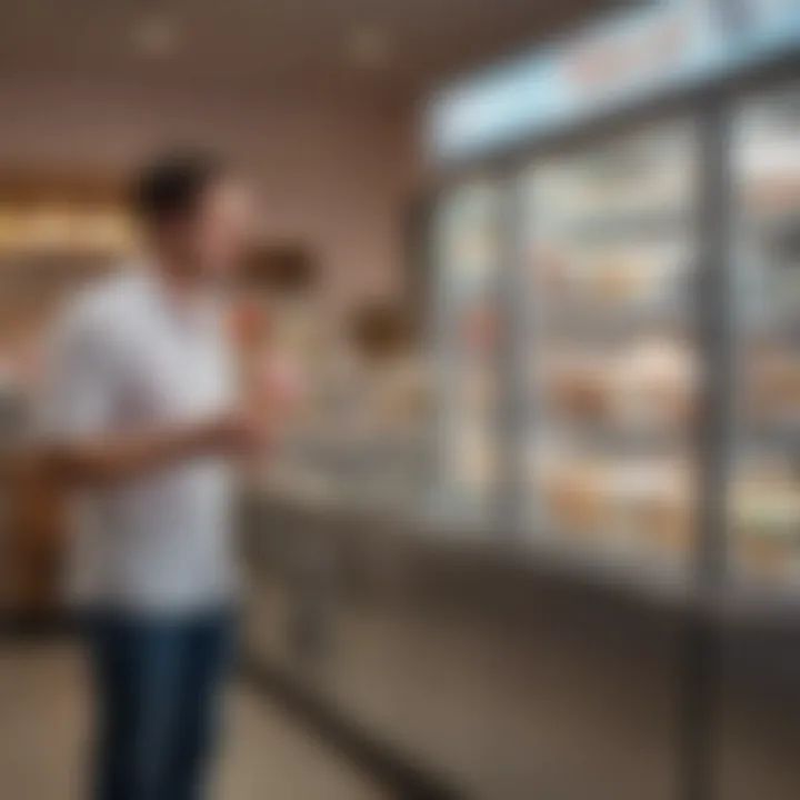 A thoughtful shopper evaluating ice cream machines in a retail environment, considering various options