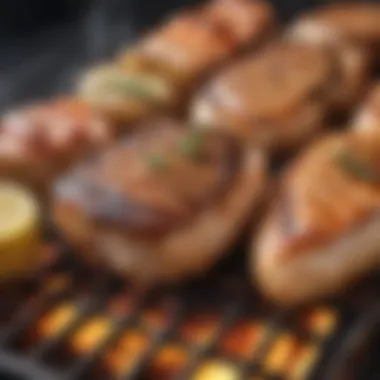 A close-up of a grill with fresh seafood sizzling, highlighting grilling techniques.