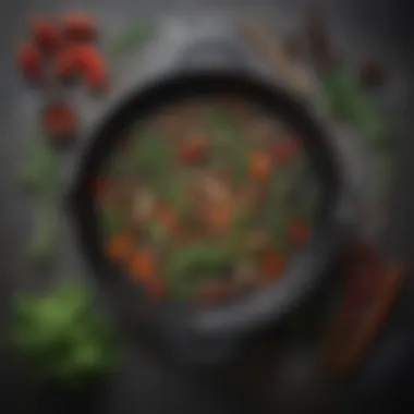 Artistic display of enamel skillet pan surrounded by herbs and spices