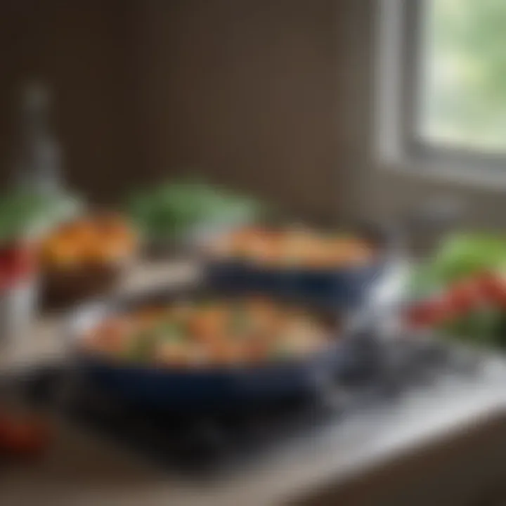 Side profile of an enamel skillet pan on a stovetop with fresh vegetables