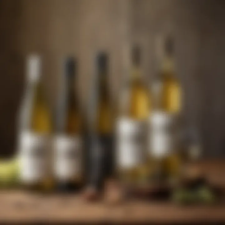 A selection of slender white wine bottles on a rustic wooden table