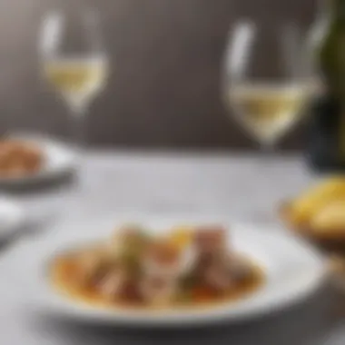 An artistic arrangement of gourmet dishes paired with slender white wine