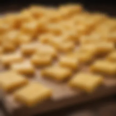 Artful Display of American Cheese Slices An array of American cheese slices displayed artistically on a wooden board.