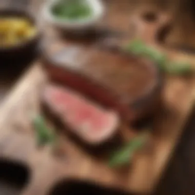 Grilled Steak Perfection A perfectly grilled steak on a wooden board, with herbs and spices enhancing its appearance.