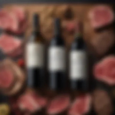 Diverse Pairing Options Various wine bottles displayed alongside an array of steak cuts, illustrating diverse pairing options.