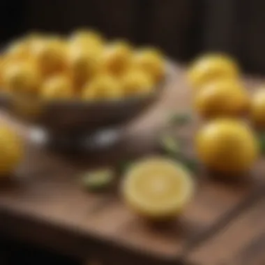 Fresh lemons and juice on a wooden table