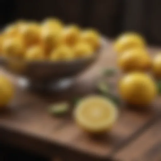 Fresh lemons and juice on a wooden table