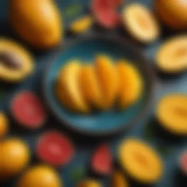 An artistic arrangement of mango slices garnished with Tajín, showcasing their complementary colors.