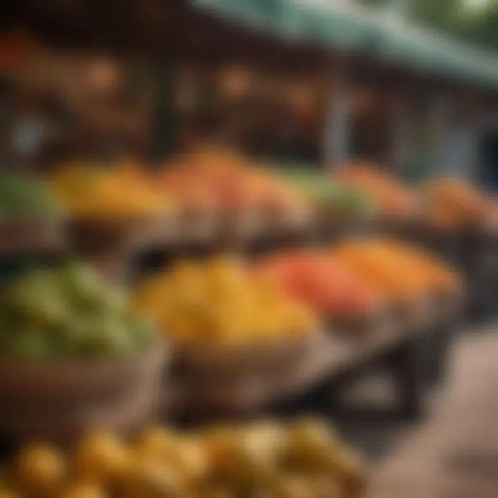 A traditional Mexican market stall displaying fresh mangoes alongside jars of Tajín.