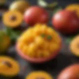 A vibrant display of ripe Mexican mangoes with Tajín seasoning sprinkled on top.