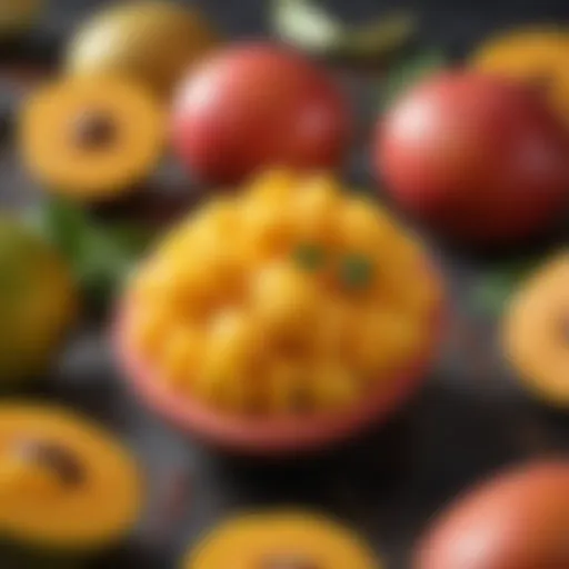 A vibrant display of ripe Mexican mangoes with Tajín seasoning sprinkled on top.