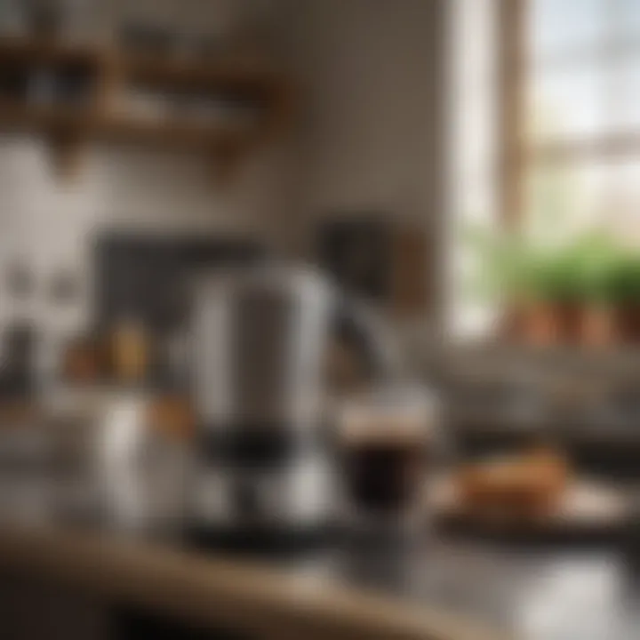 A moka pot displayed in a traditional kitchen setting