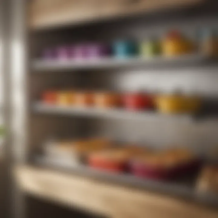 A well-organized kitchen shelf filled with different casserole pans.