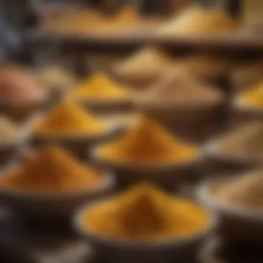 A vibrant market scene displaying fresh asafoetida with various spices