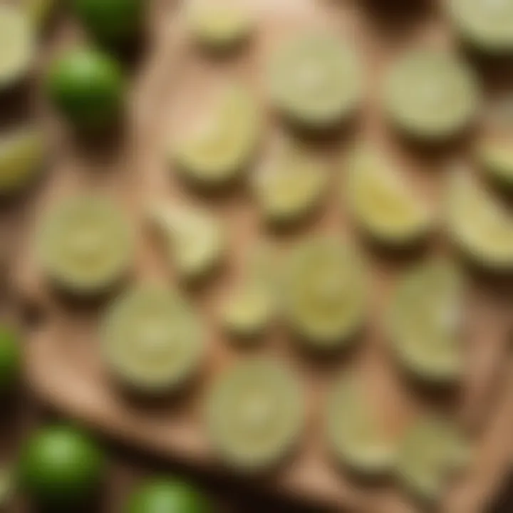 Close-up of lime wedges on a wooden board