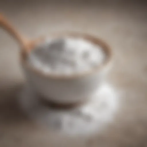 A bowl of baking soda with a spoon, showcasing its fine texture